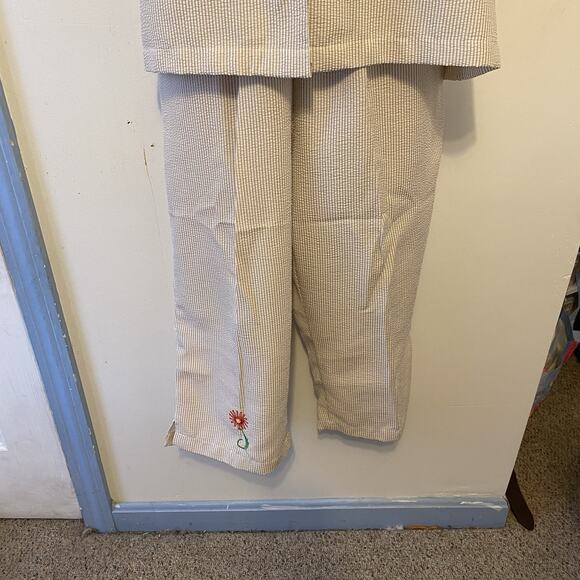 HABAND 2Piece Travel Lounge Set Top Pullon Capri LP Vintage Ivory Olive Striped - Picture 9 of 11